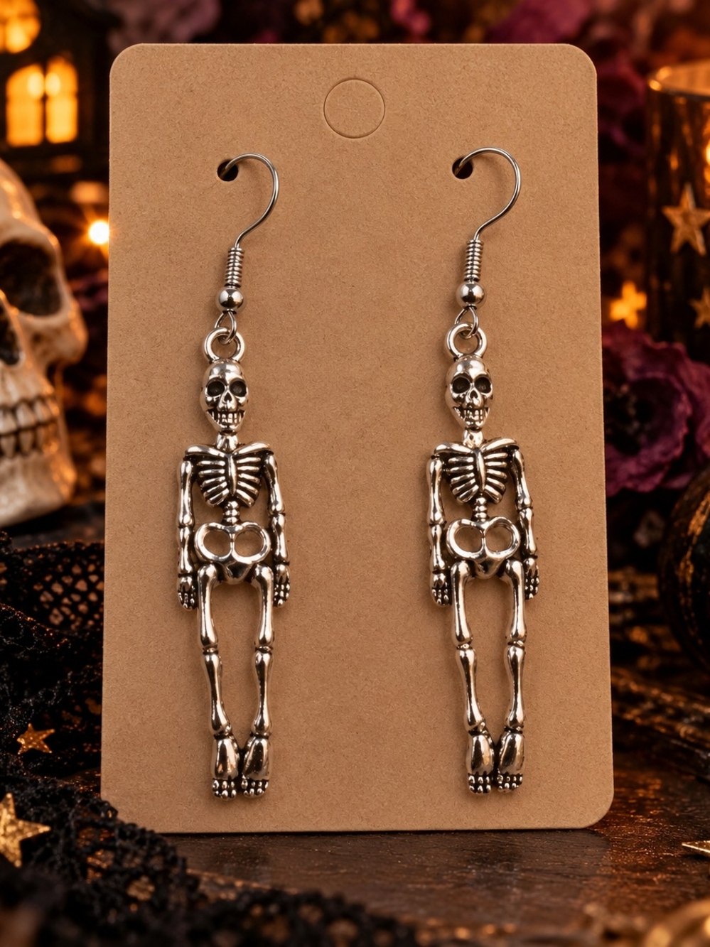 Silver Tone Metal Skeleton Drop Dangle Earrings - New